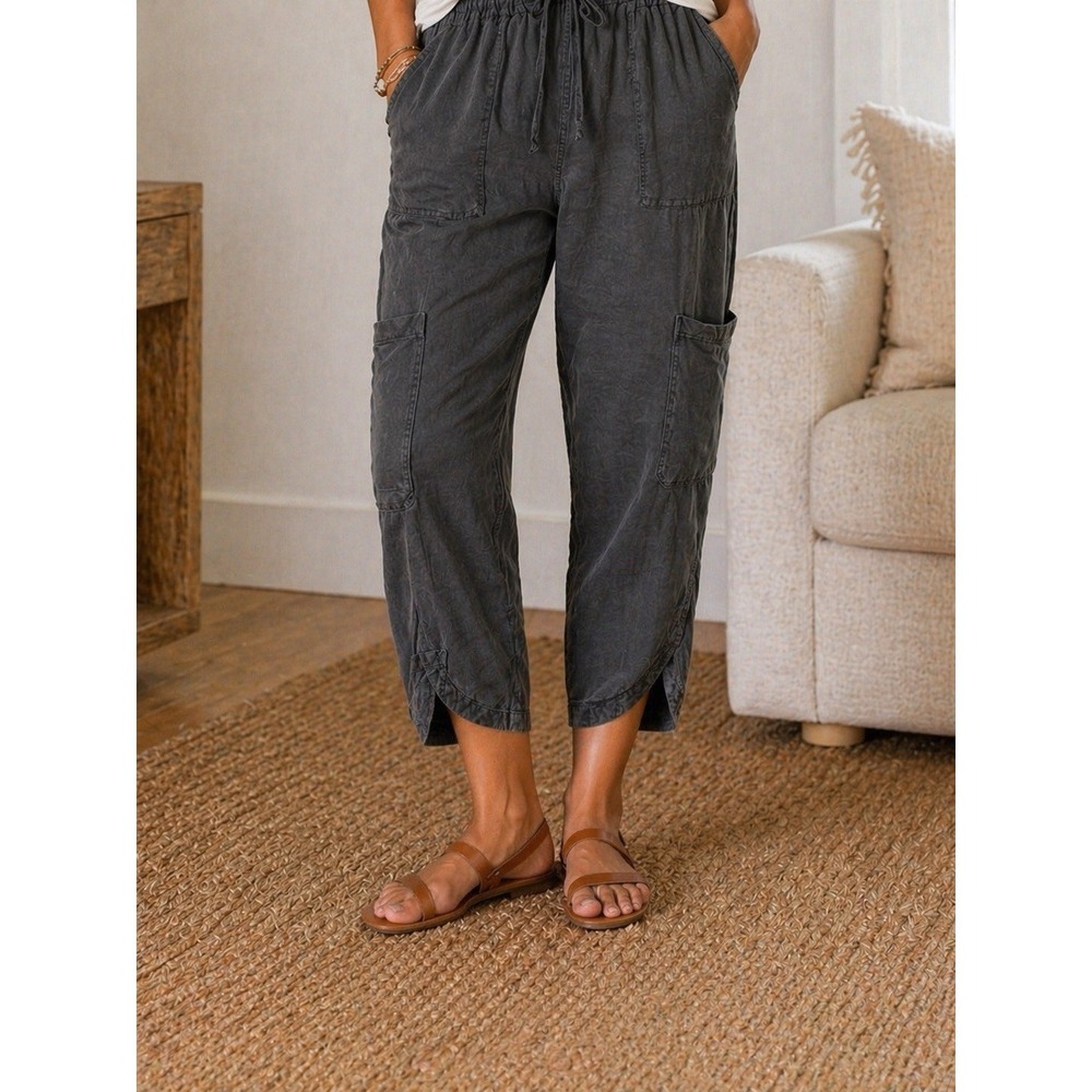 NWT C&C California Grey Cargo Pants Large Elastic Waist Linen Blend New NWT - Picture 2 of 9